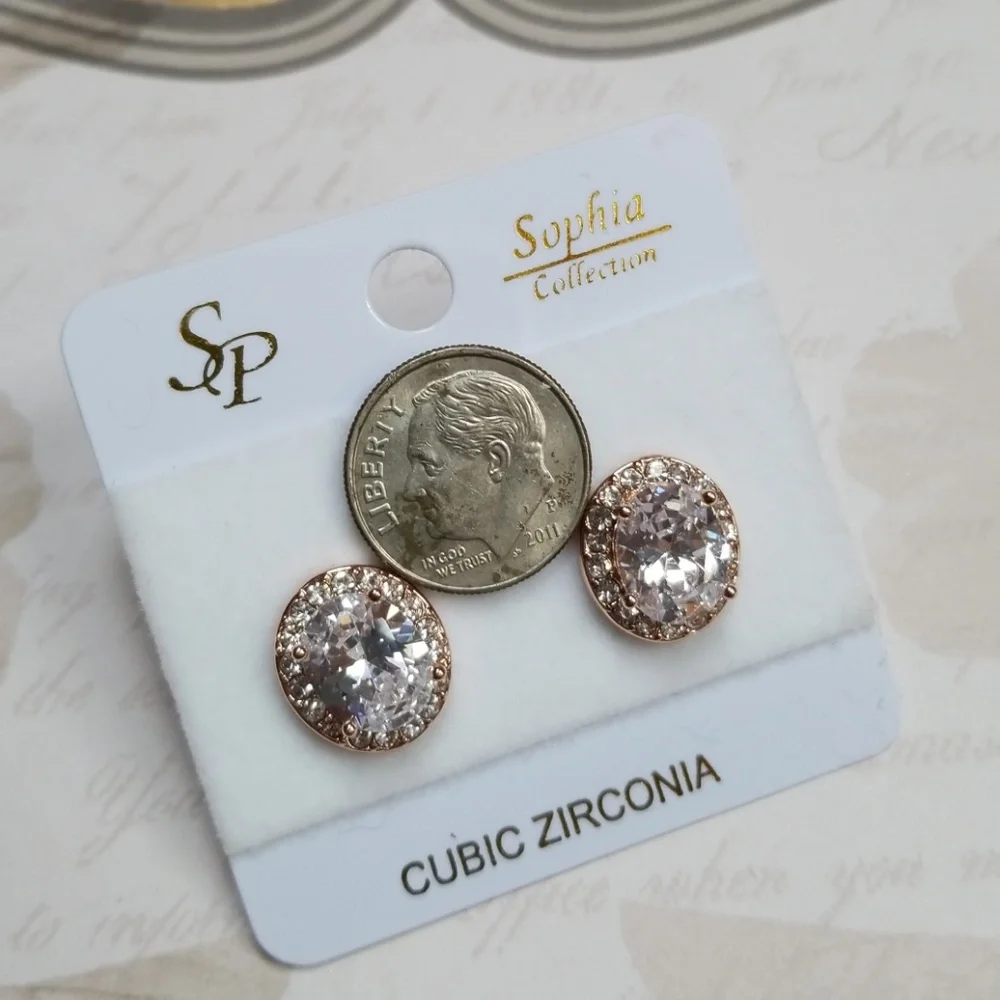 Cubic Zirconia Rose Gold Post Back Oval Earrings For Pierced Ears - Picture 11 of 12